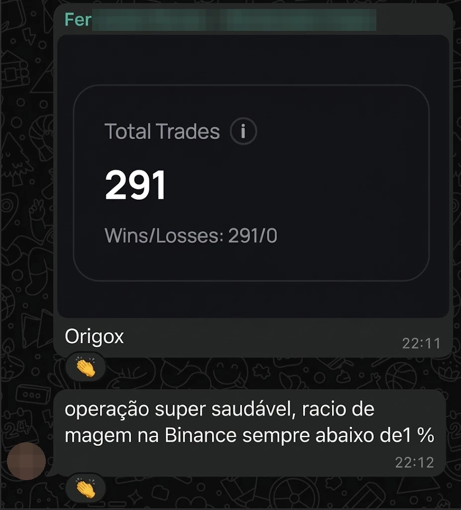 Fer•••, com print do painel da OrigoX mostrando Total Trades 291 e Wins/Losses 291/0: “Origox” e “operação super saudável, racio de margem na Binance sempre abaixo de 1%”
