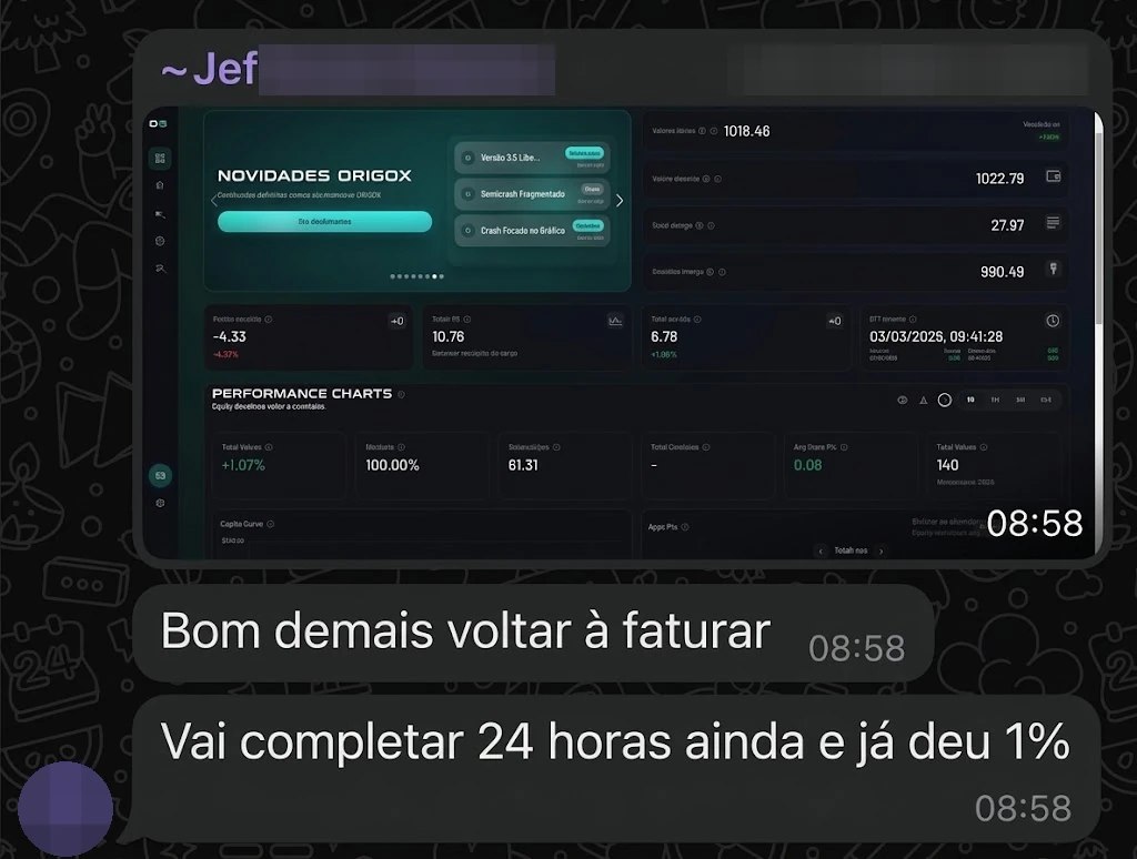 Jef•••, com print do dashboard da OrigoX: “Bom demais voltar à faturar” e “Vai completar 24 horas ainda e já deu 1%”