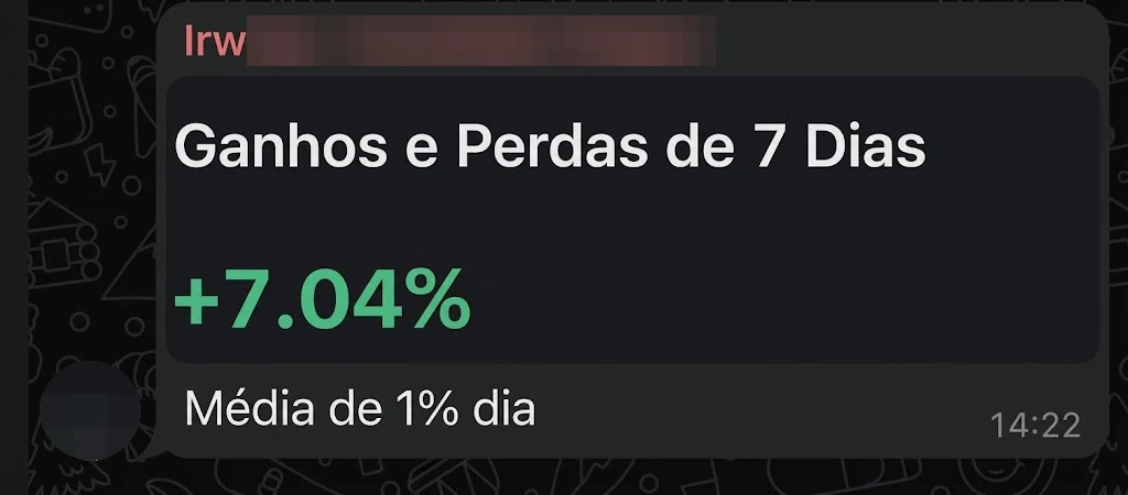 Irw•••, com print do painel mostrando Ganhos e Perdas de 7 Dias de +7,04%: “Média de 1% dia”